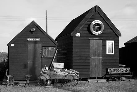 huts, cabins, shacks, wooden, handcart, life ring, cast iron seat