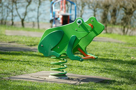 see saw, toys, playground, frog, swing, game device