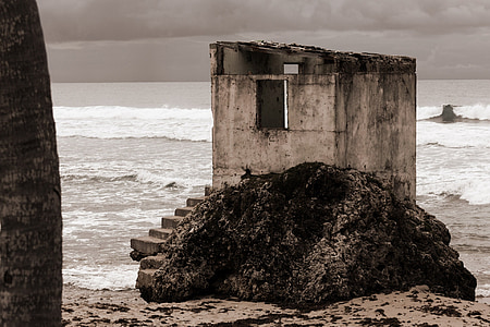 opuštěné, sám, pláž, zlomený, budova, pobřeží, stavebnictví