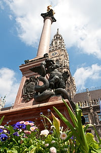 munich, marienplatz, statue of mary, town hall, spire, sculpture, bavaria