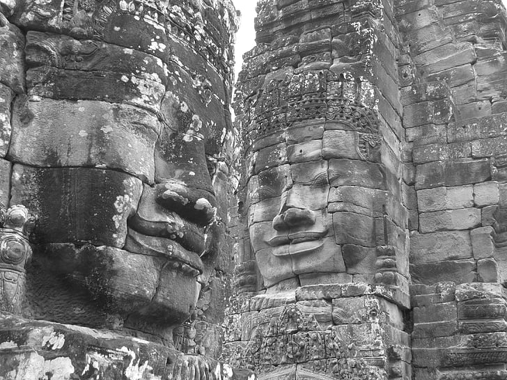 pedra, rostos, cinza, Templo de, Vietname, Angkor
