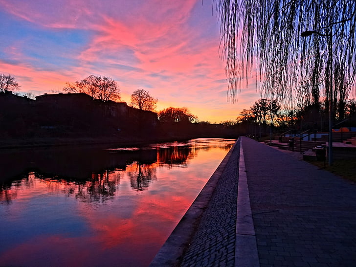 Brda, rivière, Pologne, coucher de soleil, lever du soleil, environnement, réflexion