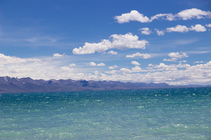 Tibet, Namco, modrá obloha, bílý oblak, voda, jezero