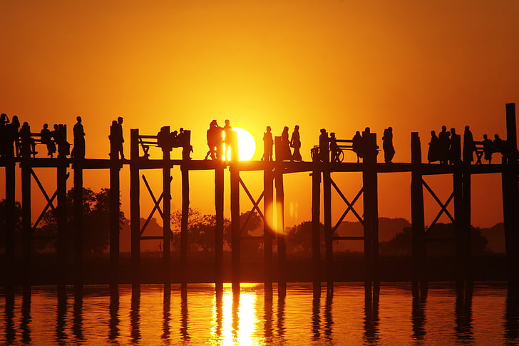 Birmanie, Myanmar, pont de jambe u, moine, paysage, coucher de soleil, silhouette