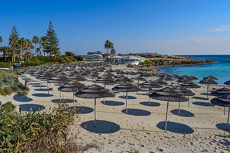 beach, umbrellas, sand, resort, vacations, tourism, cyprus