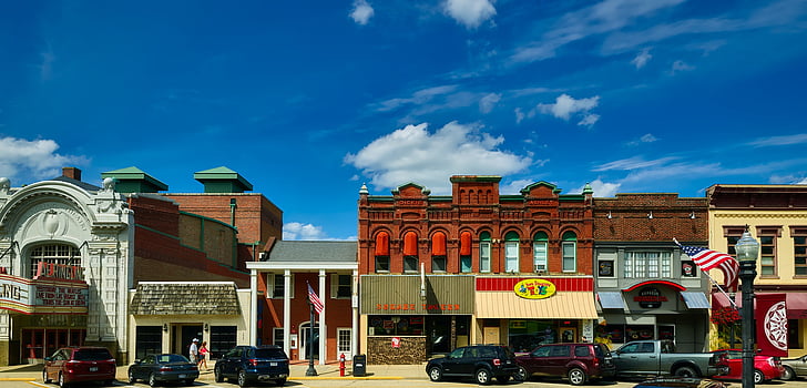 baraboo, wisconsin, panorama, buildings, architecture, sky, clouds