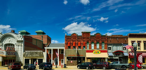baraboo, wisconsin, panorama, buildings, architecture, sky, clouds