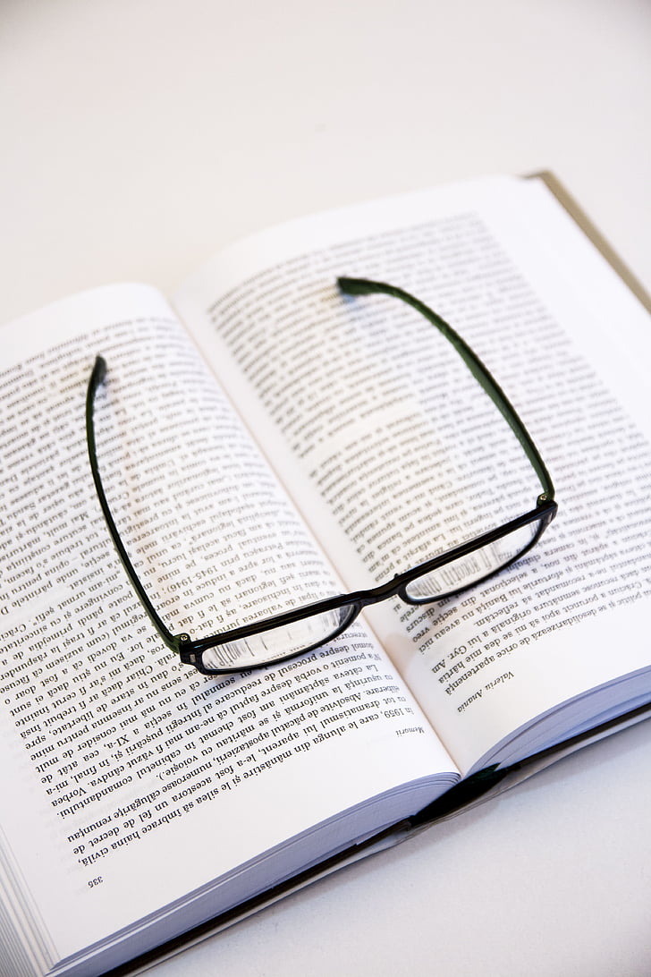 book, eyeglasses, eyewear, page, paper, reading