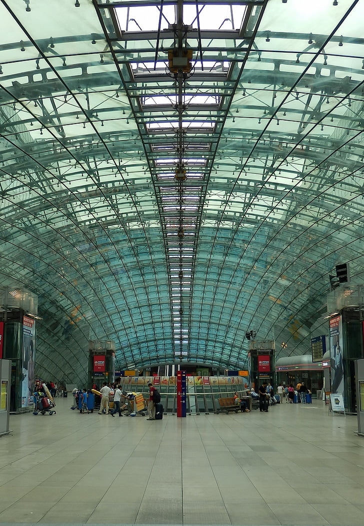 frankfurt am main germany, airport, airport train station, hall, glass roof, wide, symmetry