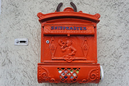 mailbox, old, red, metal, post, house entrance, blacksmithing