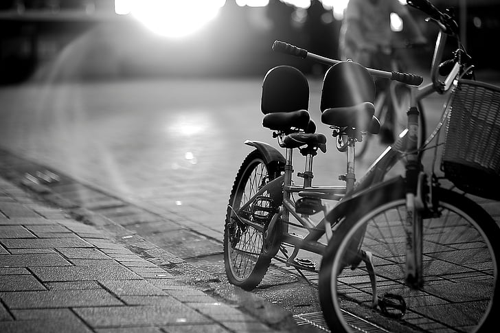 cykel, svartvit, oskärpa, staden, närbild, fokus, mono