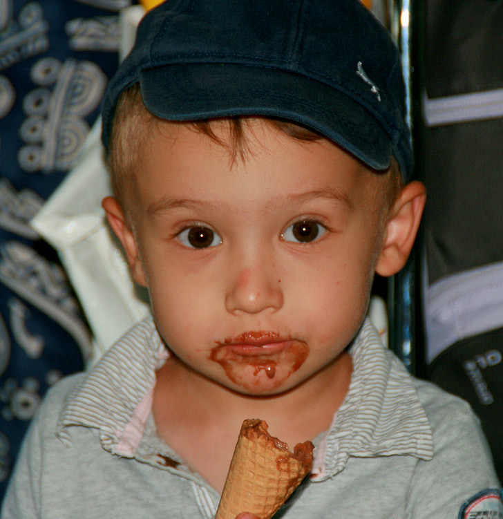 menino, sorvete, sujo, chocolate