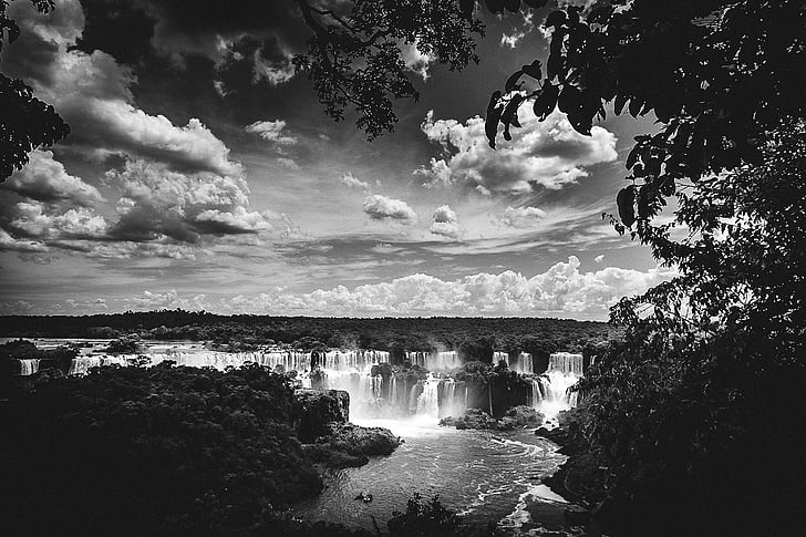 escala de cinzentos, foto, nublado, céu, Cachoeiras, Cataratas do Iguaçu, paisagem