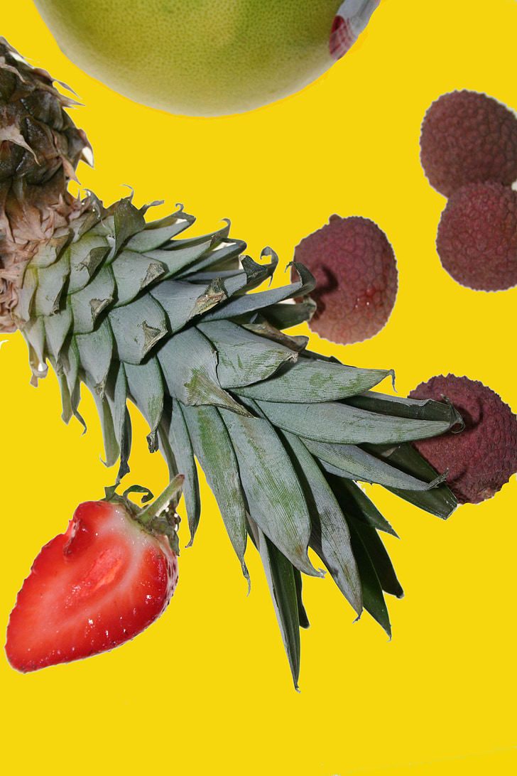 fruits, pineapple, strawberry, food, green, yellow, organic