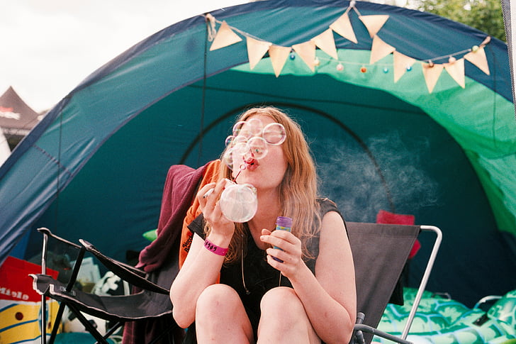 people, woman, bubbles, camping, outdoor, bond, trees