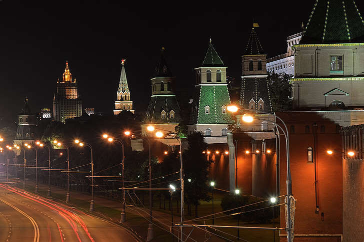 moscow, night city, night lights, the kremlin, city