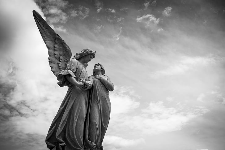 angel, art, black-and-white, clouds, figure, low angle shot, sculpture
