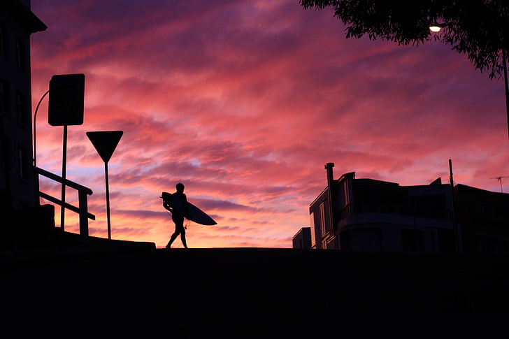 clouds, man, person, silhouette, sunrise, sunset, surfboard
