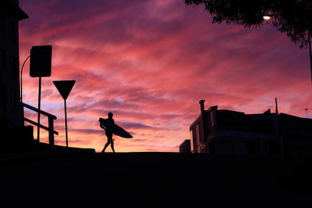 clouds, man, person, silhouette, sunrise, sunset, surfboard