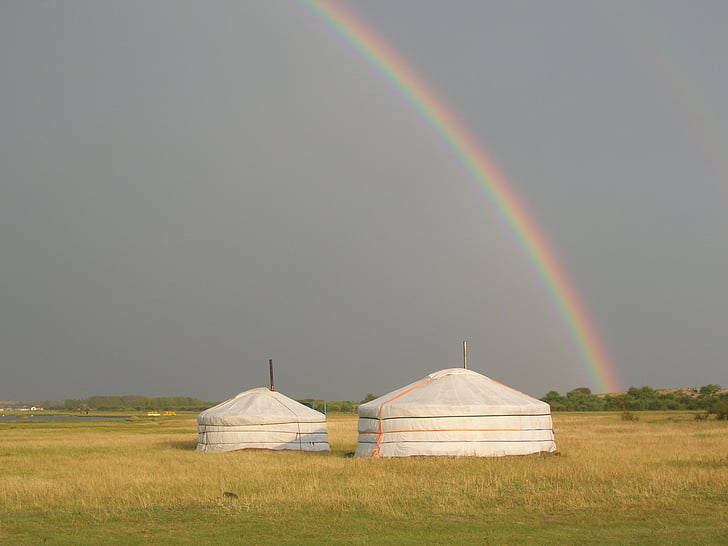 mongolia, rainbow, tents