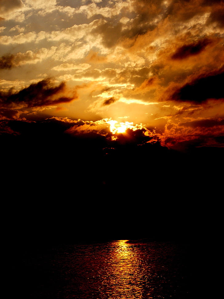 sunset, lake, sun, cloud, fire