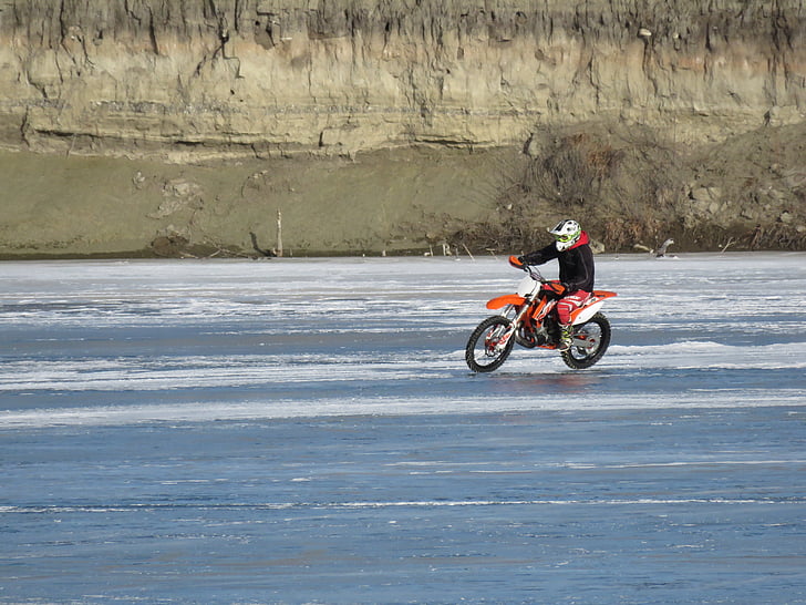 motocykel, senzácia, triky, statočný, ľad, zamrznutom jazere, jazero