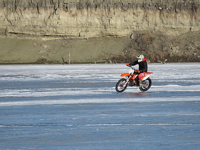 오토바이, 스턴 트, 트릭, 용감한, 얼음, 얼어붙은 호수, 호수