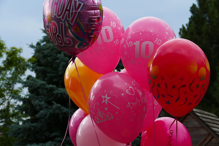 ilmapallot, syntymäpäivä, vaaleanpunainen, punainen, Kymmenes, ilmapallo kimppu, Helium ilmapallot
