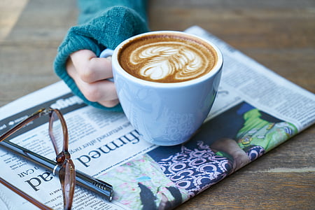 coffee, latte, newspaper, hands, el, brown, food