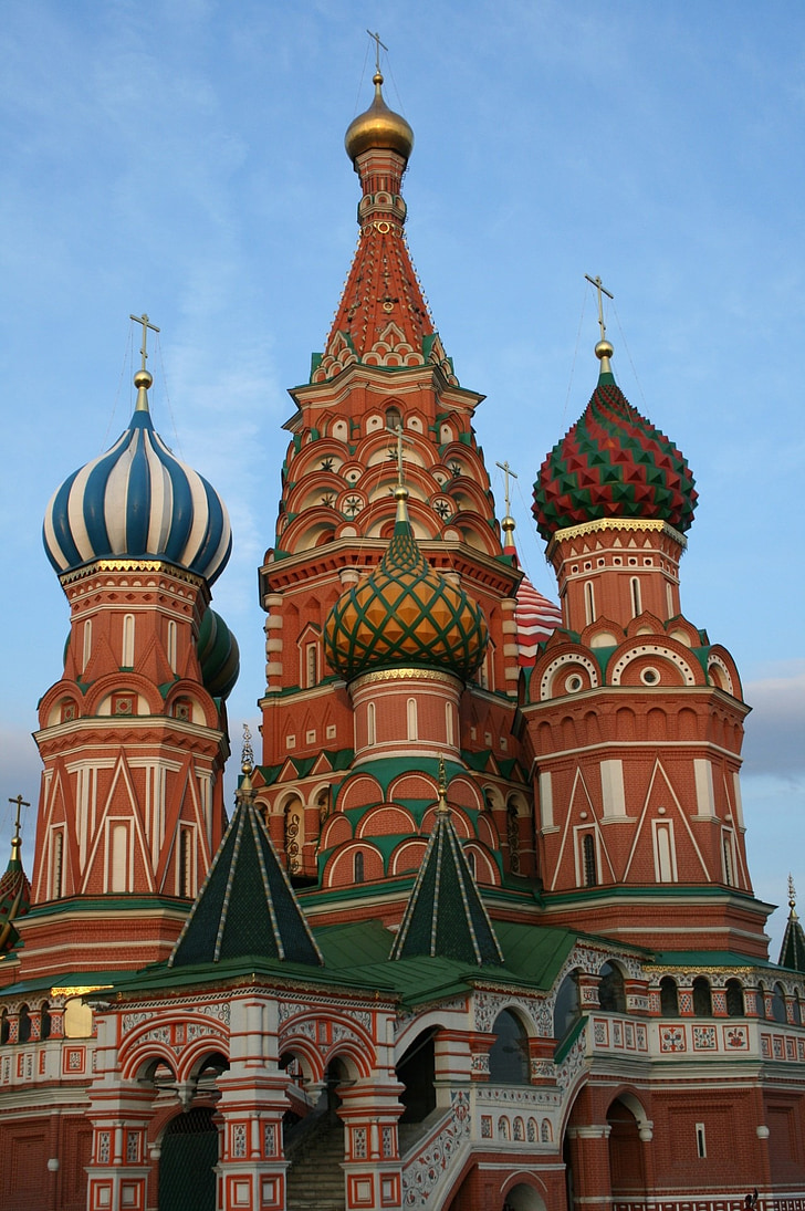 собор, Російська православна, Архітектура, цибуля купол куполи, дев'ять каплиці в поєднанні, Росія, Синє небо