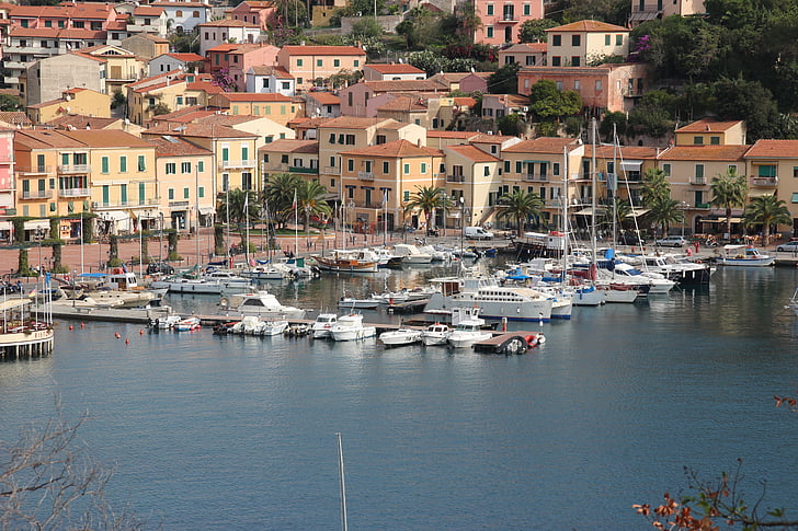 Otok, Porto azzurro, Elba, Italija, luka, brodovi, mediteranska