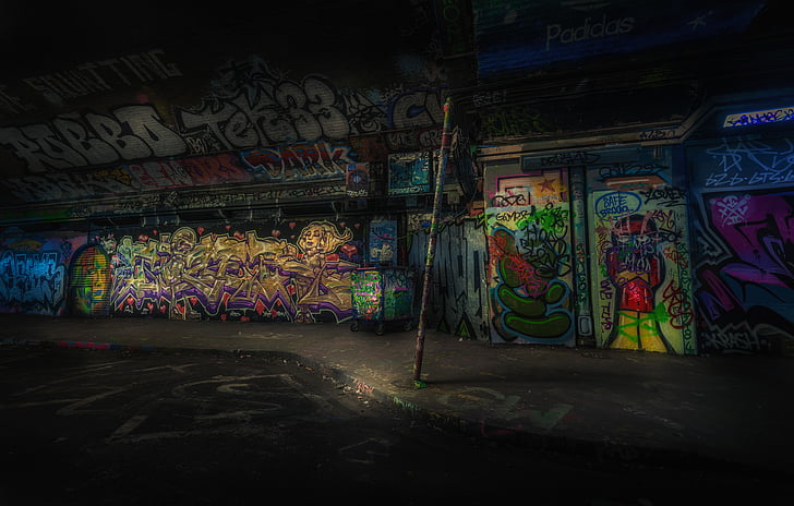거리, 벽, 그림, 밤, 시간, 예술, graffity