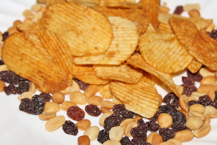 snacks, potato chips, raisins, peanuts