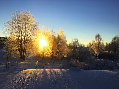 sončni vzhod, ultervattnet, zjutraj, pozimi, sneg, hladno, Frost