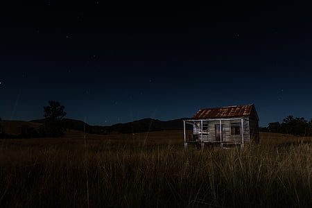brown, wooden, house, open, field, night, building