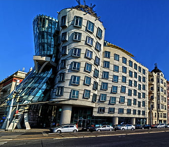 beige, high, rise, blue, sky, Building, Dancing House