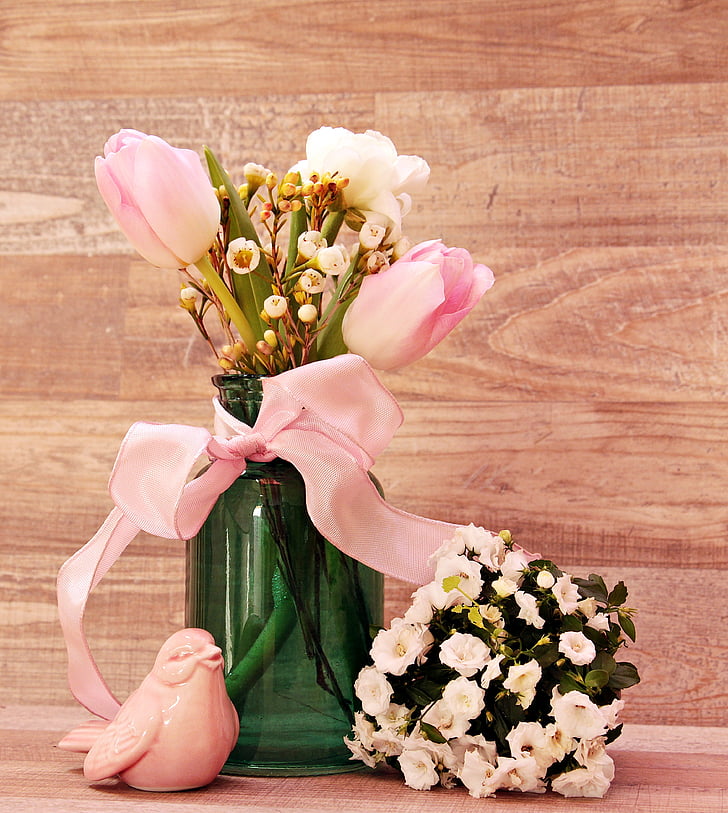 tulipány, Pryskyřník, pták, váza, květiny, Váza Flower, jarní květiny