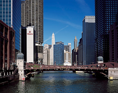 chicago, river, water, reflections, bridge, skyscrapers, buildings