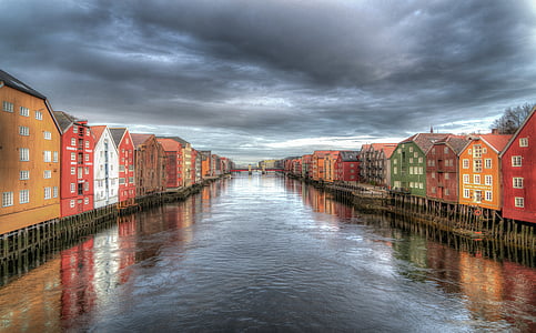 trondheim, norway, river, clouds, sky, architecture, colorful