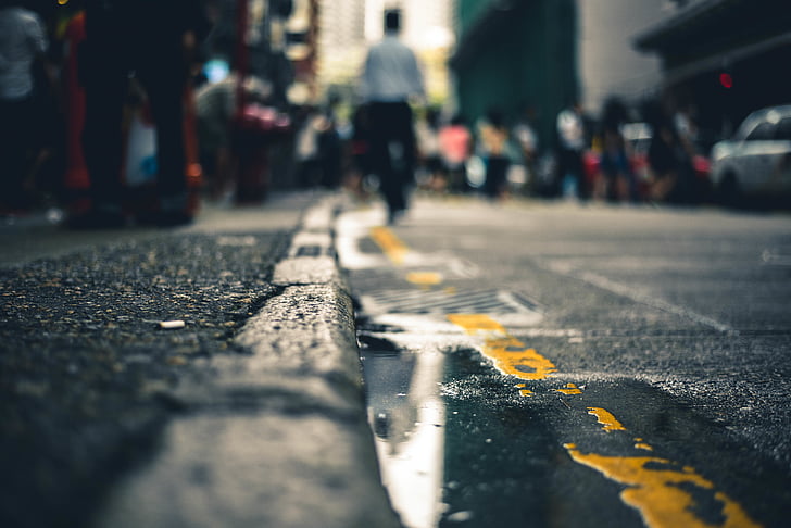 water, concrete, road, selective, focus, photography, kerb