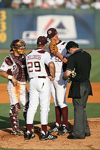baseball, game, players, coach, pitcher's mound, sport, field