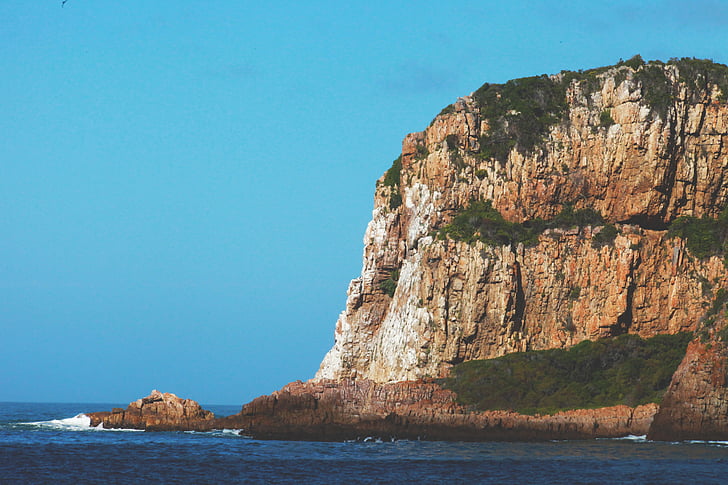 brown, rock, formation, front, sea, ocean, coast