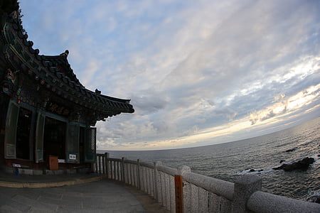 naksansa, debesis, jūra, sadaļa, saullēkts, gangwon vai, klints