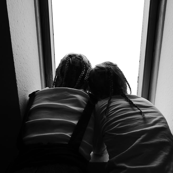 children, rainy weather, roof windows, outlook, snuggle, friendship, brothers and sisters