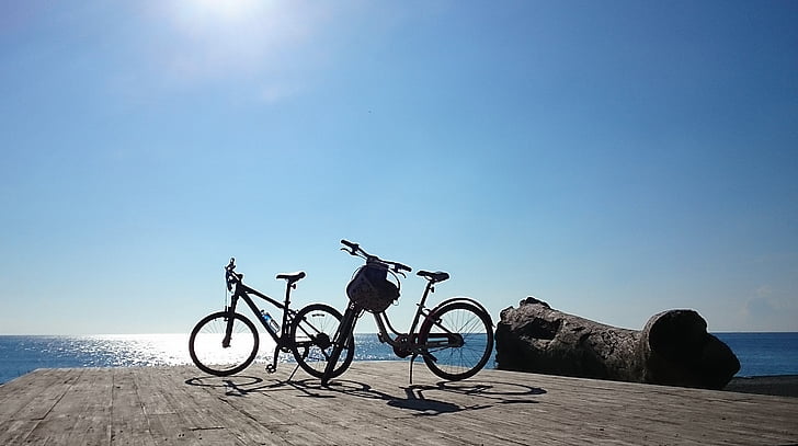 Taiwan, pingtung, sol, Hai bian, bicicletes, silueta, Ciclisme