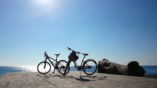 Taiwán, Pingtung, sol, bian de Hai, bicicleta, silueta, ciclismo