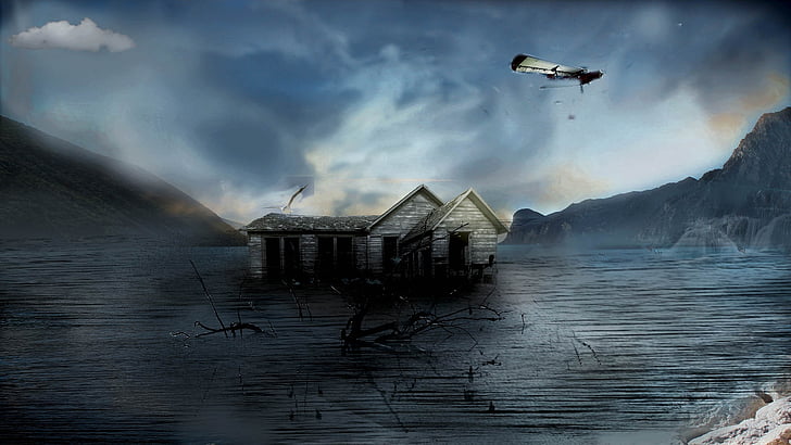 house, mattepainting, mountains, house in the lake, gloomy, dark, landscape