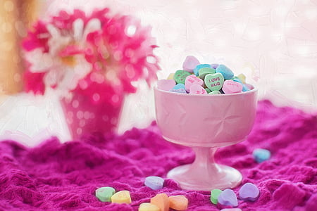 sirdis, brīvdiena, krāsains, sirds formas, konfektes, rozā, galdauts