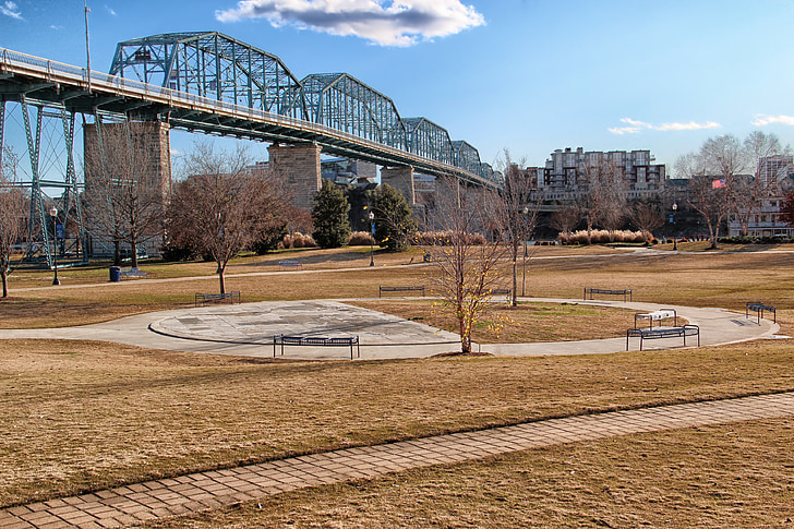 chattanooga, tennessee, orchard park, bridge, buildings, sky, clouds