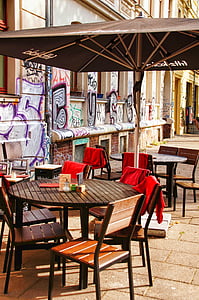 bistro, road, table, chairs, parasol, houses wall, leipzig